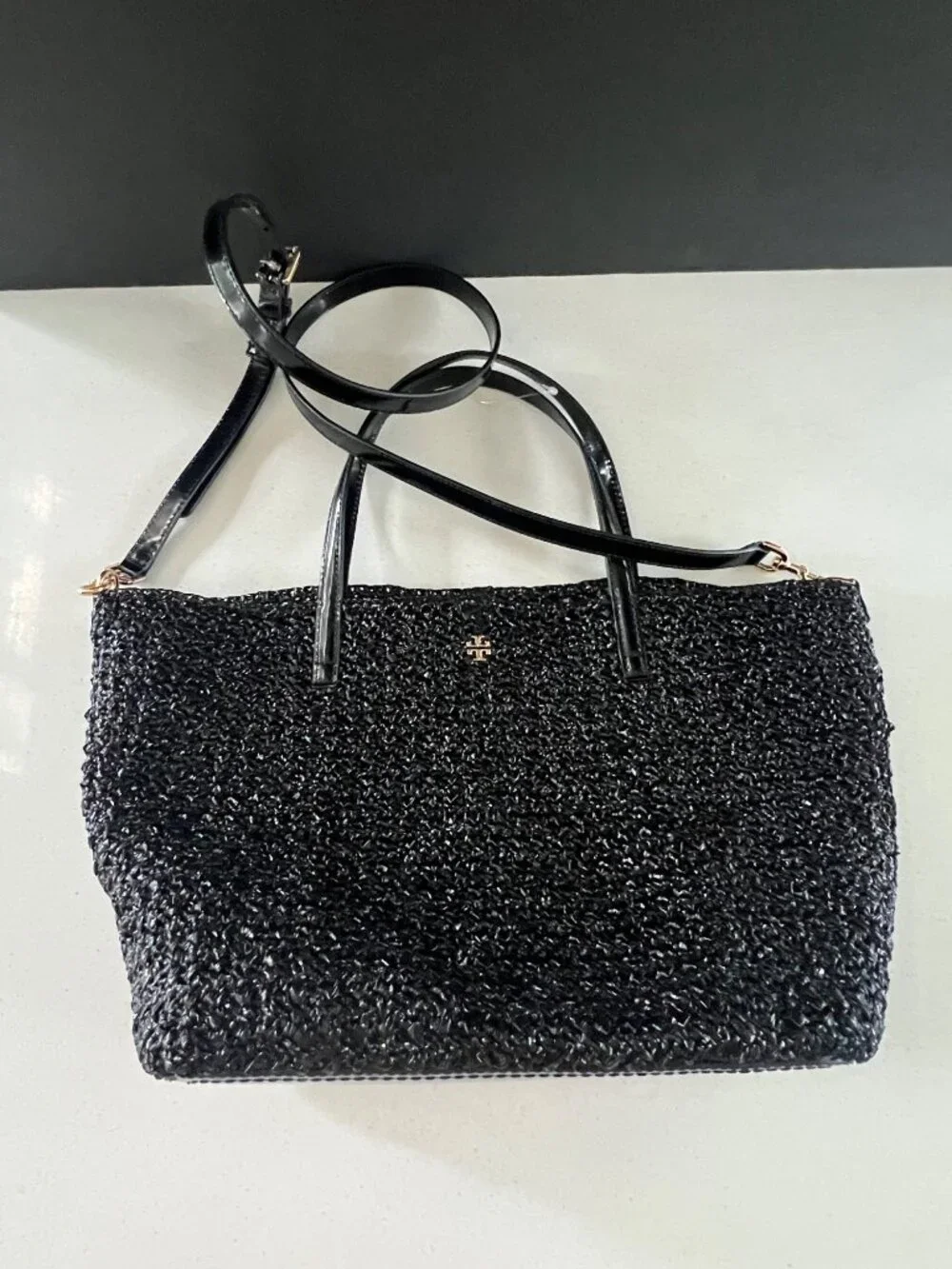 TORY BURCH Emerson Lacquered BLACK Raffia Small Tote